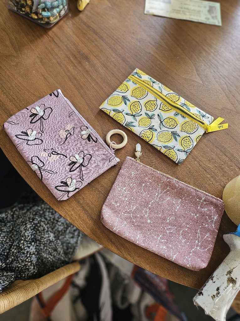 Set Of Three Ipsy Patterned Cosmetic Pouches Pink Splat, Floral & Lemon 7.5x5"